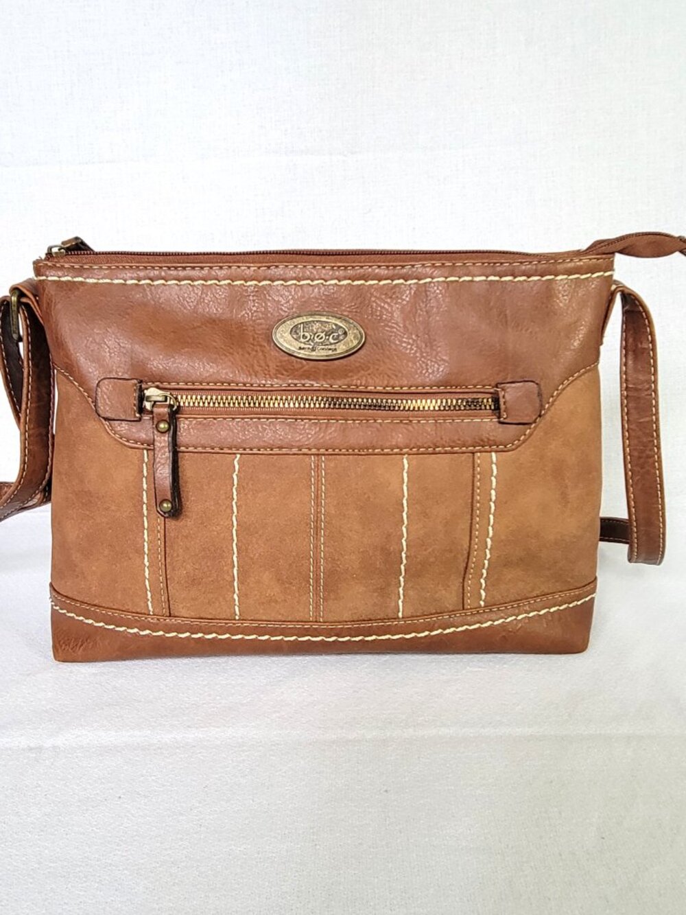 b.o.c. Born Concept Faux Leather Crossbody Bag Cognac Brown Stitch Accent